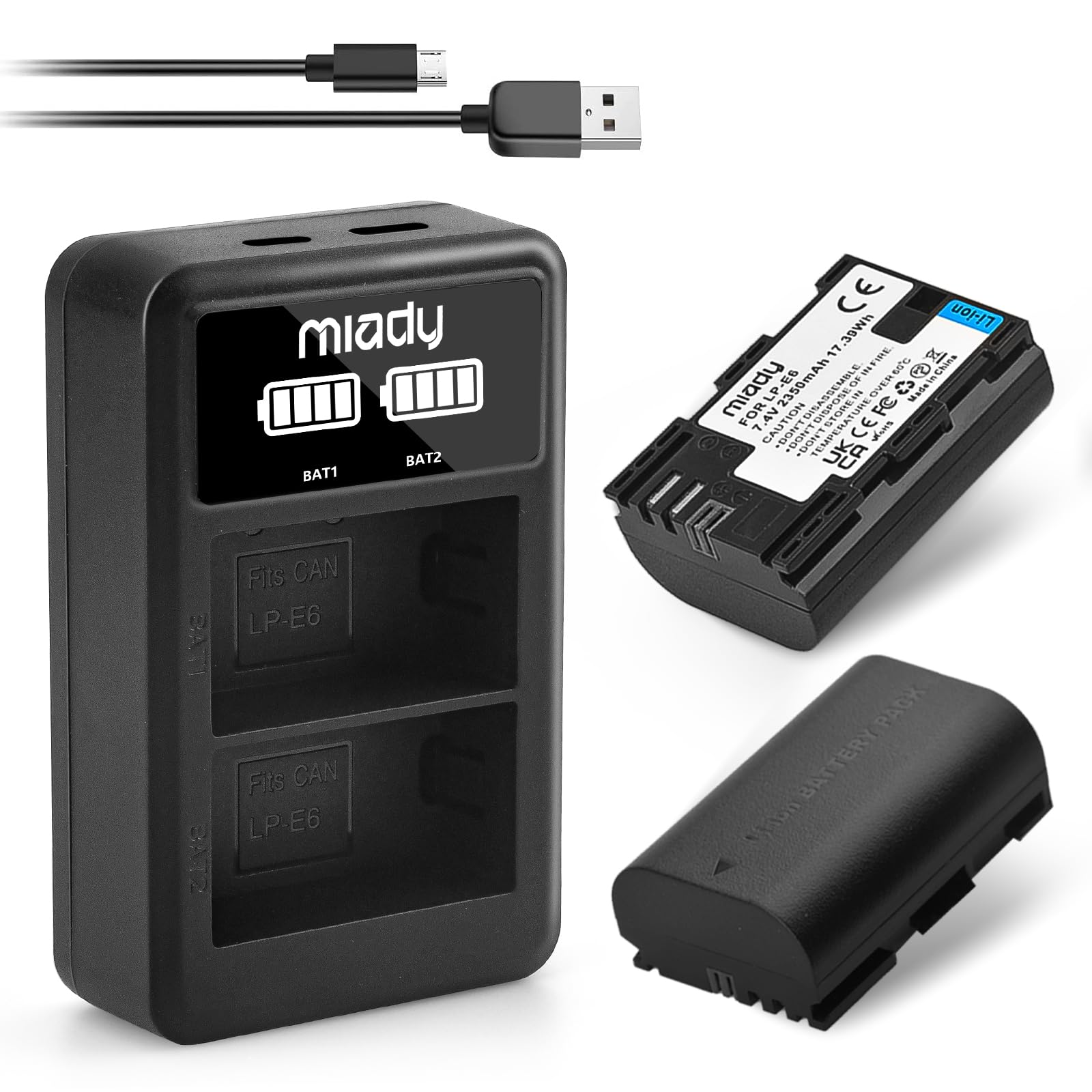 Miady 2-Pack LP-E6/LP-E6N Battery and Dual LCD Battery Charger Set - Compatible with EOS 5D Mark II, 5D Mark IV, 6D, 7D, 60D, 70D, 80D, 2350mAh/7.4V