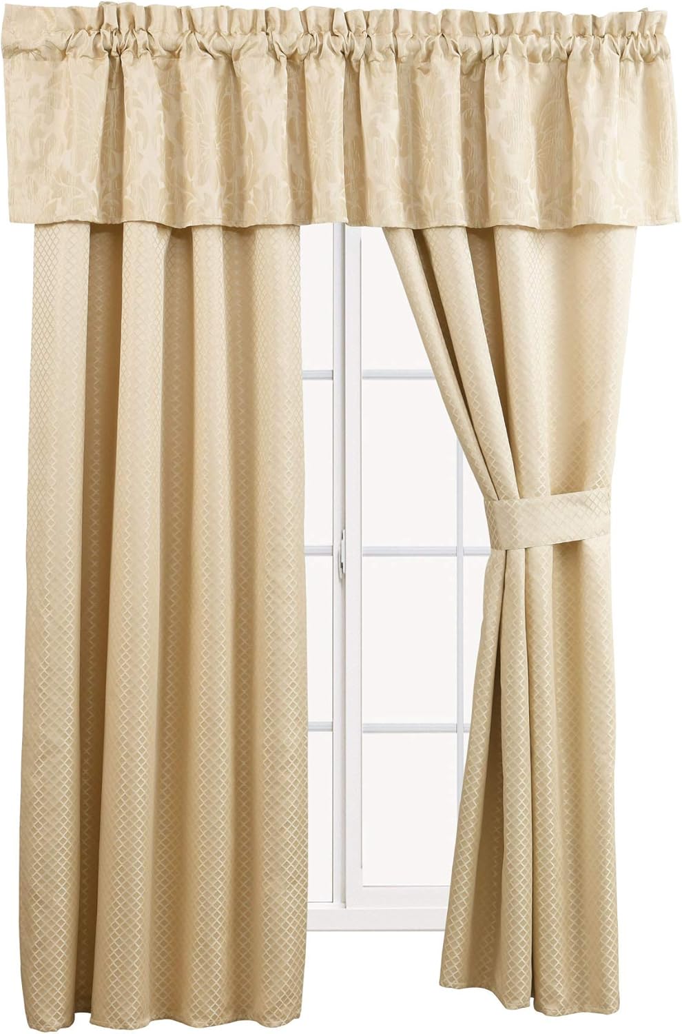 sheetsnthings Sara Beige 5 Piece Lined Jacquard Curtain Panel Set Includes 2 Panels, 2 Tie Backs and 1 Valance