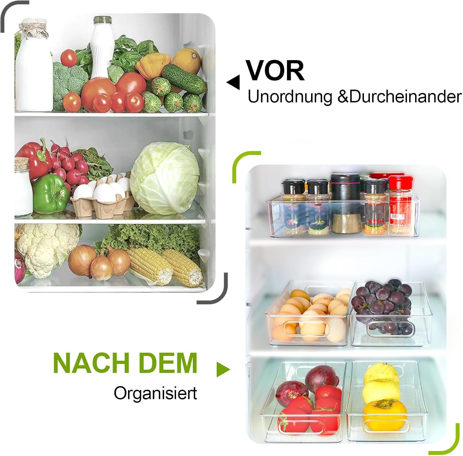 Organisateur Frigo, Rangement Frigo Transparent, Boîte de Rangement Empilable avec Couvercles pour Organiser Votre Maison Cuisine, Congélateur (Pack de 6, M(26x15x7.5CM))