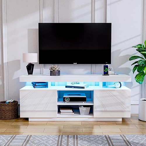 Miniatura 13 de HOMMPA Soporte de TV LED para TV de 65/60/55 pulgadas Centro de Entretenimiento Moderno con Tomas de Corriente, Consolas de TV para Juegos con