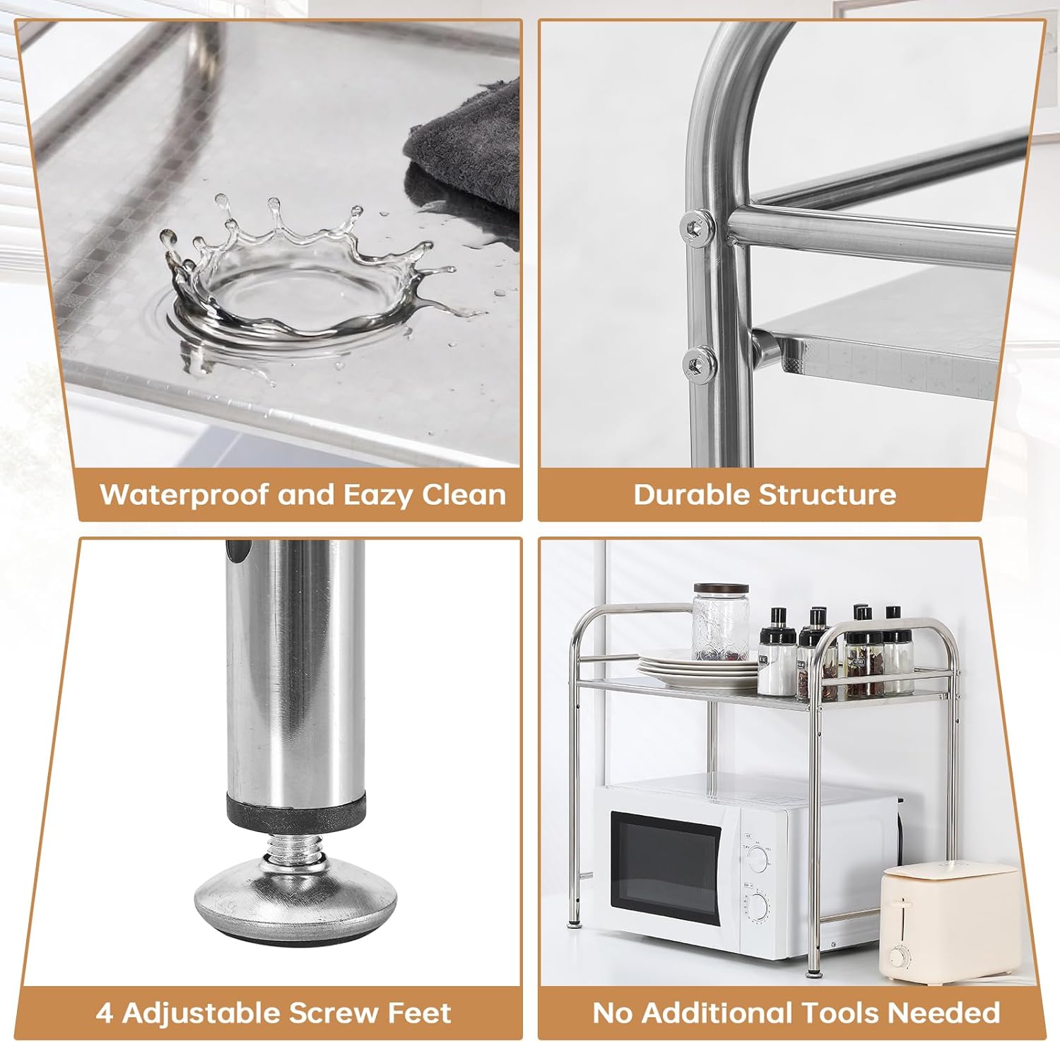 Microwave Rack Shelf - 2-Tier Stainless Steel Over The Microwave Shelf Stand Countertop Heavy Duty - Kitchen Organizer and Storage Shelves Space Saving Metal Baker Toaster Rack