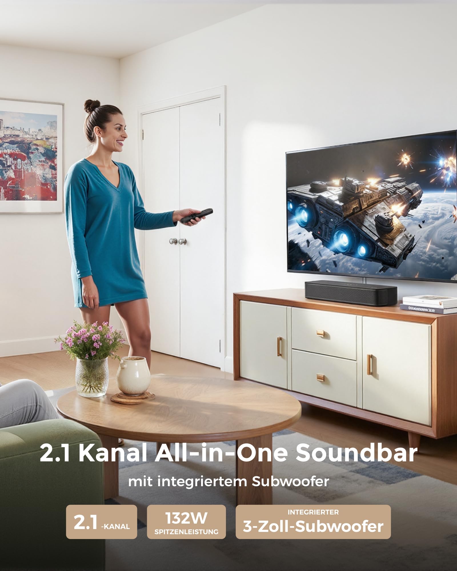 ULTIMEA 2.1 Soundbar für TV Geräte mit integriertem Subwoofer, APP-Steuerung, 132W All-in-One PC Soundbar für Gaming, TV Lautsprecher mit Verstellbarem Bass, Bluetooth® 5.4, Opt/AUX, Poseidon M20 Pro