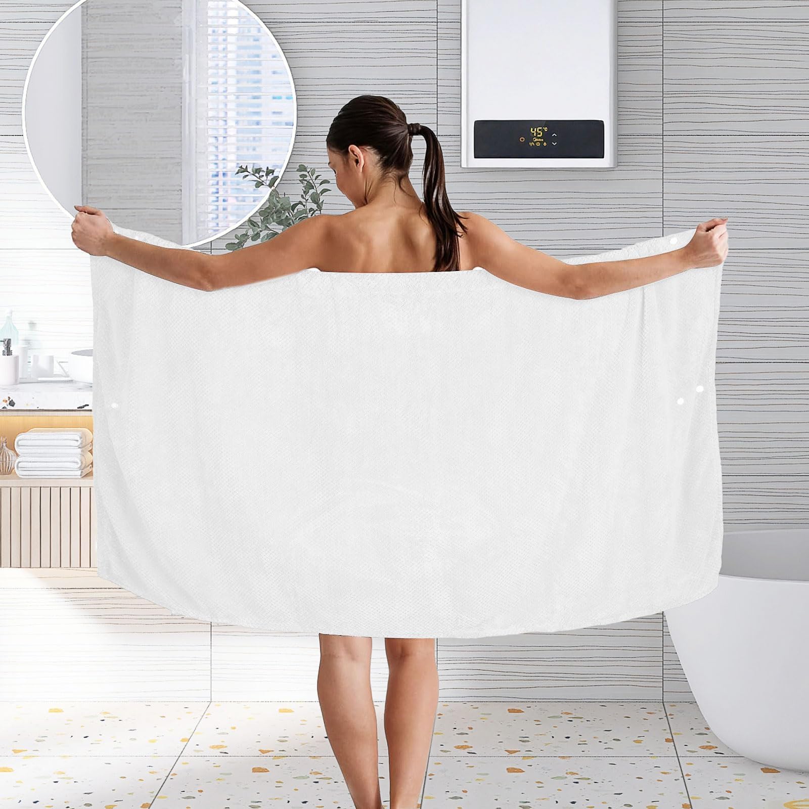 Set di 4 asciugamani da bagno da donna in microfibra, accappatoi con bottoni regolabili, avvolgenti per doccia, sauna, spiaggia, palestra, hotel (bianco)