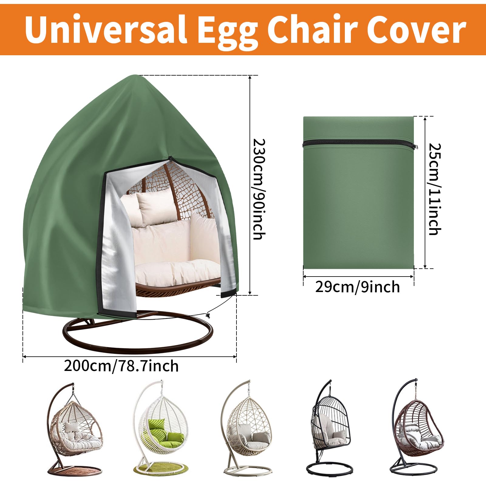 Teynewer Patio Hanging Egg Chair Cover, Outdoor 2 seat Cocoon Swing Egg Chair Cover Waterproof with Zipper - Image 2
