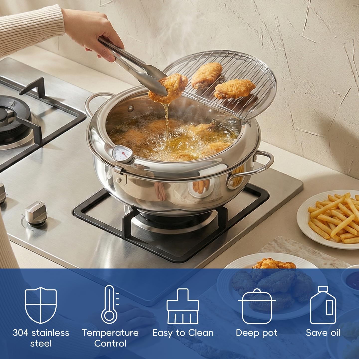 Deep Fryer with Basket and Thermometer, 4.2L Stainless Steel Japanese Frying Pot with Oil Drain Rack, Tempura Pot for Stovetop & Induction, Large Fryer for French Fries, Chicken, Tempura
