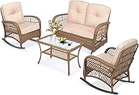 Vista 52 de MEETWARM Juego de 3 piezas de mimbre giratorio para patio al aire libre, mecedoras, juegos de muebles de patio de ratán con cojín grueso y mesa