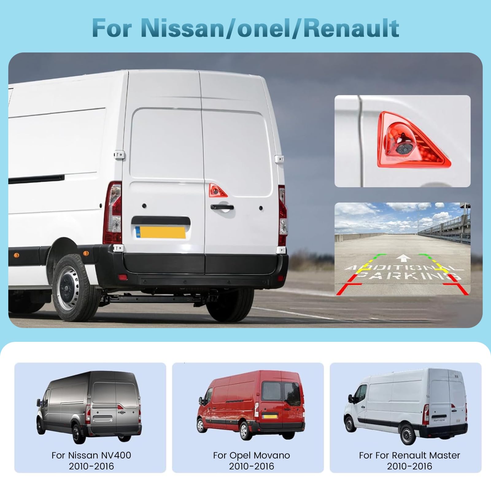 Caméra de recul 720P HD pour Nissan NV400 2010-2016/Opel Movano 2010-2016/Renault Master 2010-2016, Angle de Vue Large de 140°, étanche IP67, Vision Nocturne Infrarouge HD, 12V