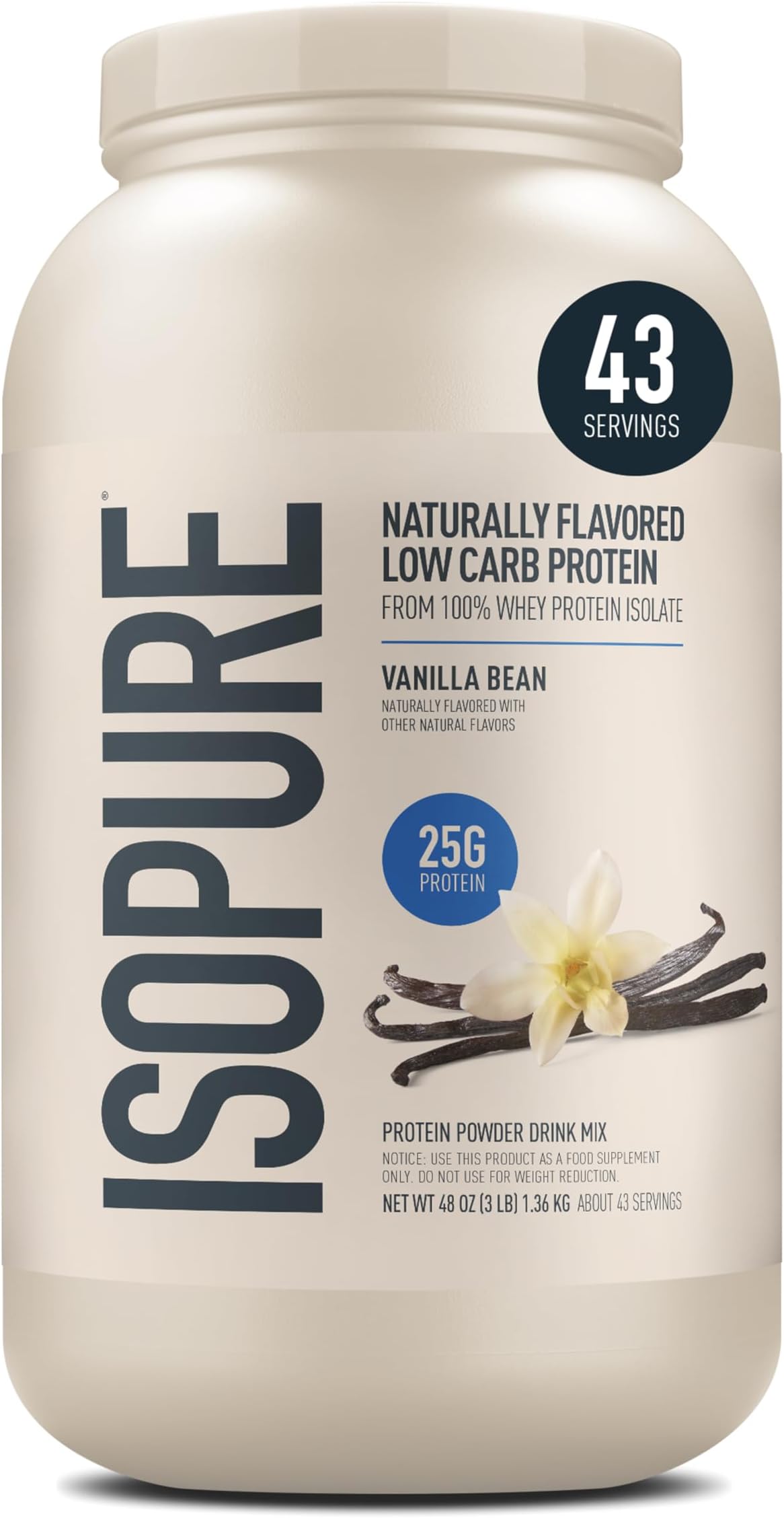 Low Carb 100% Pure Whey Isolate Protein Powder, Lactose Free, Gluten Free, with Vitamins, Vanilla, 25g Protein Per Serving, 3 Lbs, 43 Servings (Packaging May Vary)