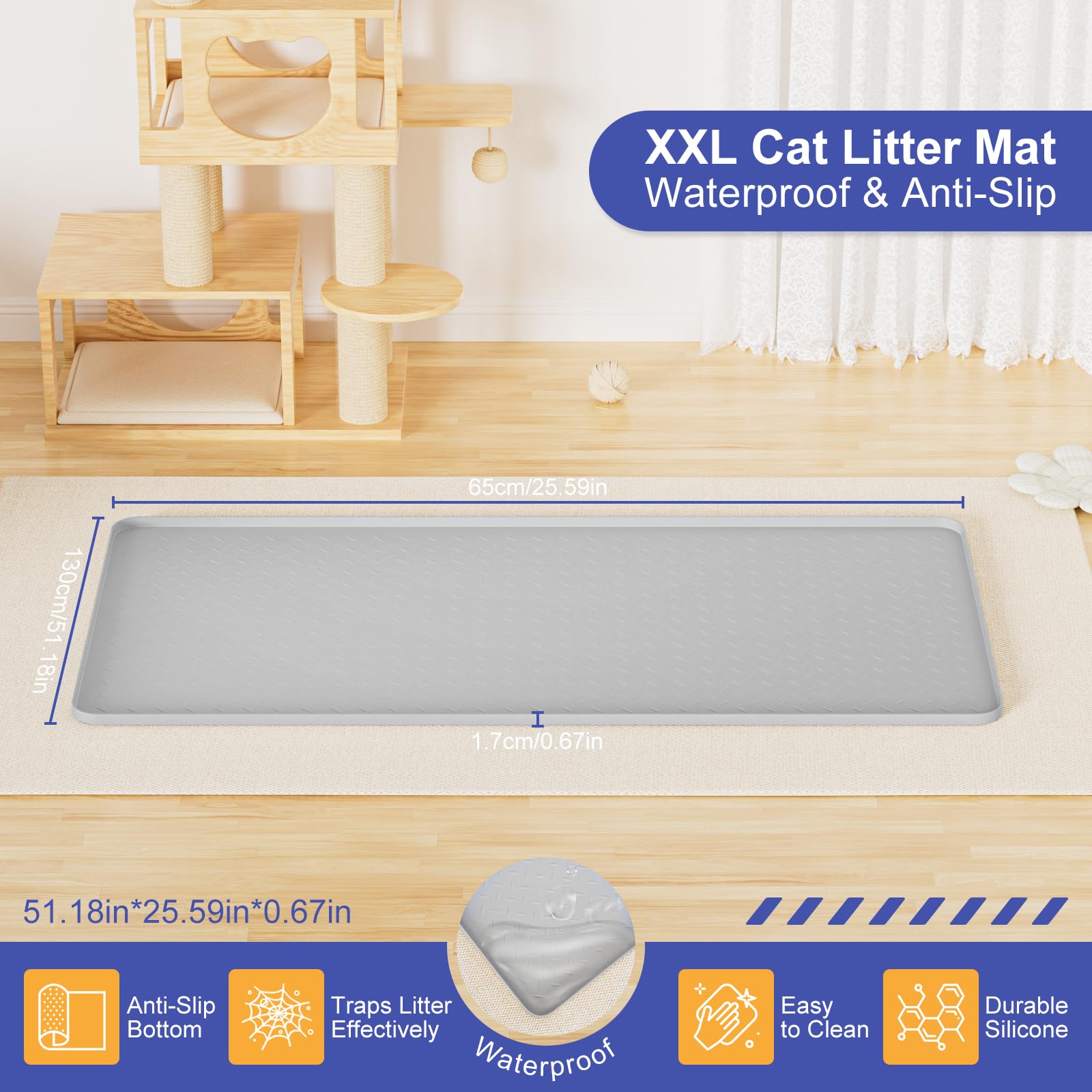 Katzenklo Matte Groß XXL 130 × 65 cm – wasserfeste Silikon Unterlage Katzenklo, rutschfest & leicht zu reinigen, Katzenstreu Matte XXL für für Katzentoiletten, Futterstationen und Haustierbereiche