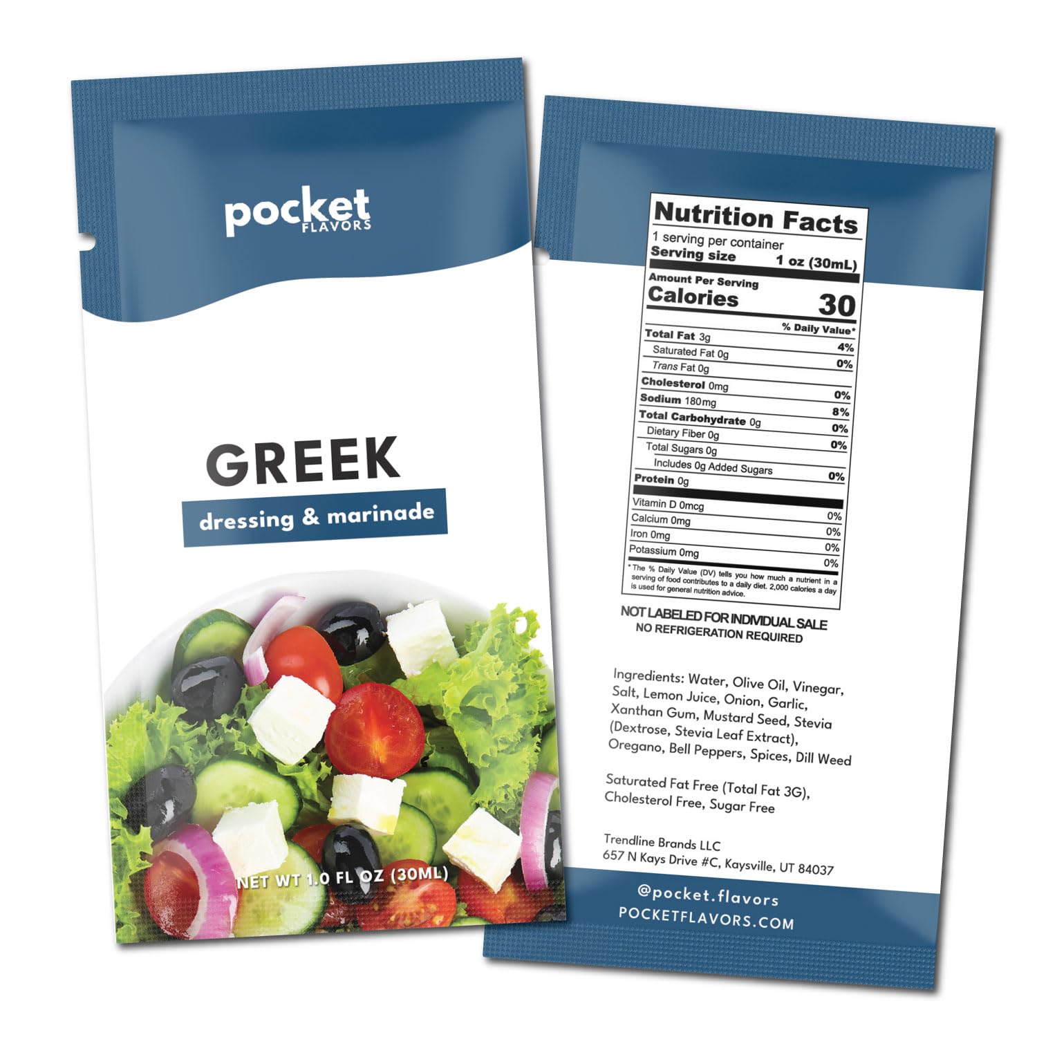 Pocket Flavors Low Calorie, Low Fat, Keto Friendly Salad Dressing - Ready to Serve Individual Pouches, 1 oz each (Large, Greek)