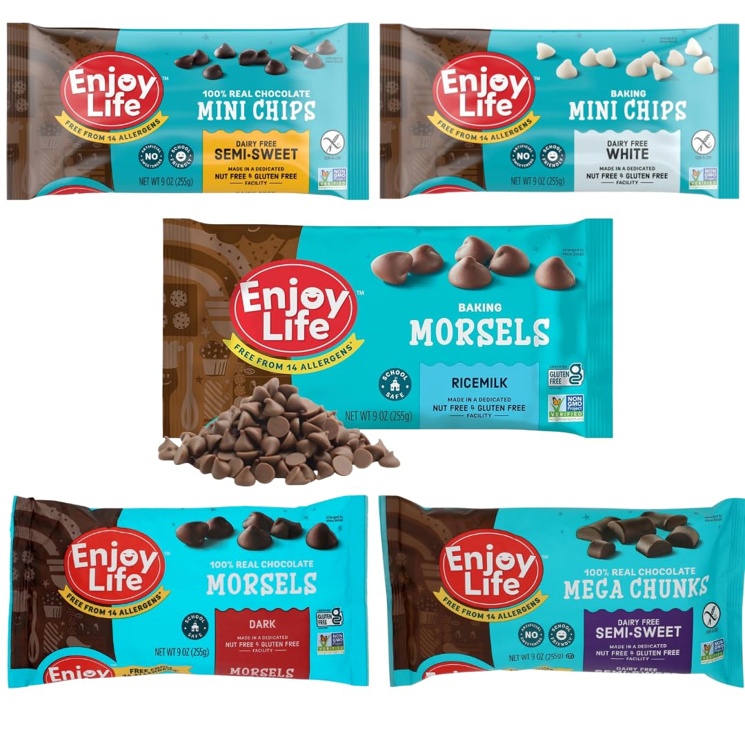 Enjoy Life Chocolate Chips Variety Pack, 5 Count (9 oz Bags) – Dark Morsels, Mini Chips, White Mini Chips & Mega Chunks – Allergy-Friendly Baking Chocolate