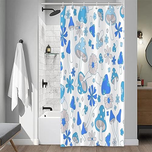 Miniatura 44 de Blue Mushrooms - Cortina de ducha de baño, estilo retro de los años 70 y 60, estilo bohemio hippie floral, lavable, tela duradera, decoración del