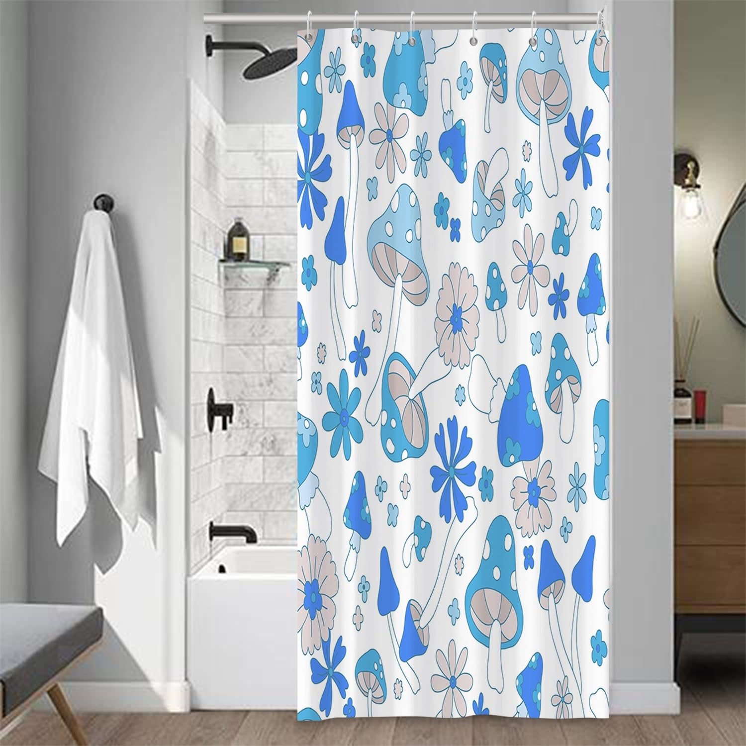 Blue Mushrooms Retro 70s 60s Funky Floral Hippie Boho Style Shower Curtain, Washable Durable Fabric, 36x72 Inch with Hooks