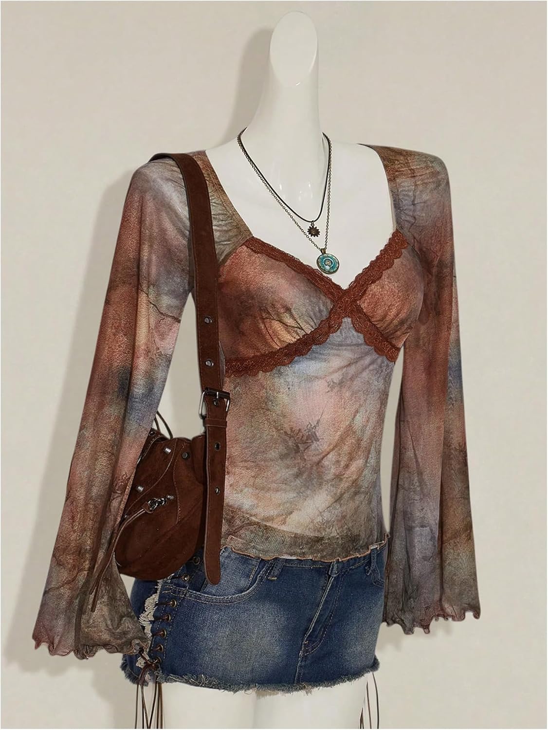 MakeMeChic Women's Mesh Lace Tops V Neck Long Sleeve Shirts Trim Y2k Going Out Party Tee Shirts - Image 3