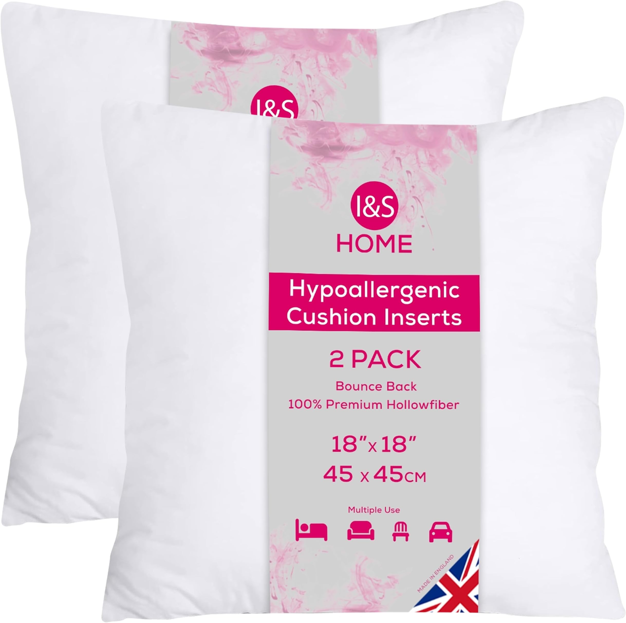 I&S Home Cushion Inserts 45cm x 45cm (18"x18") Square Cushion Inner Pads - Bounce Back Polyester Cushion Filler - Hypoallergenic Scatter Cushions for Sofa and Couch - Pack of 2