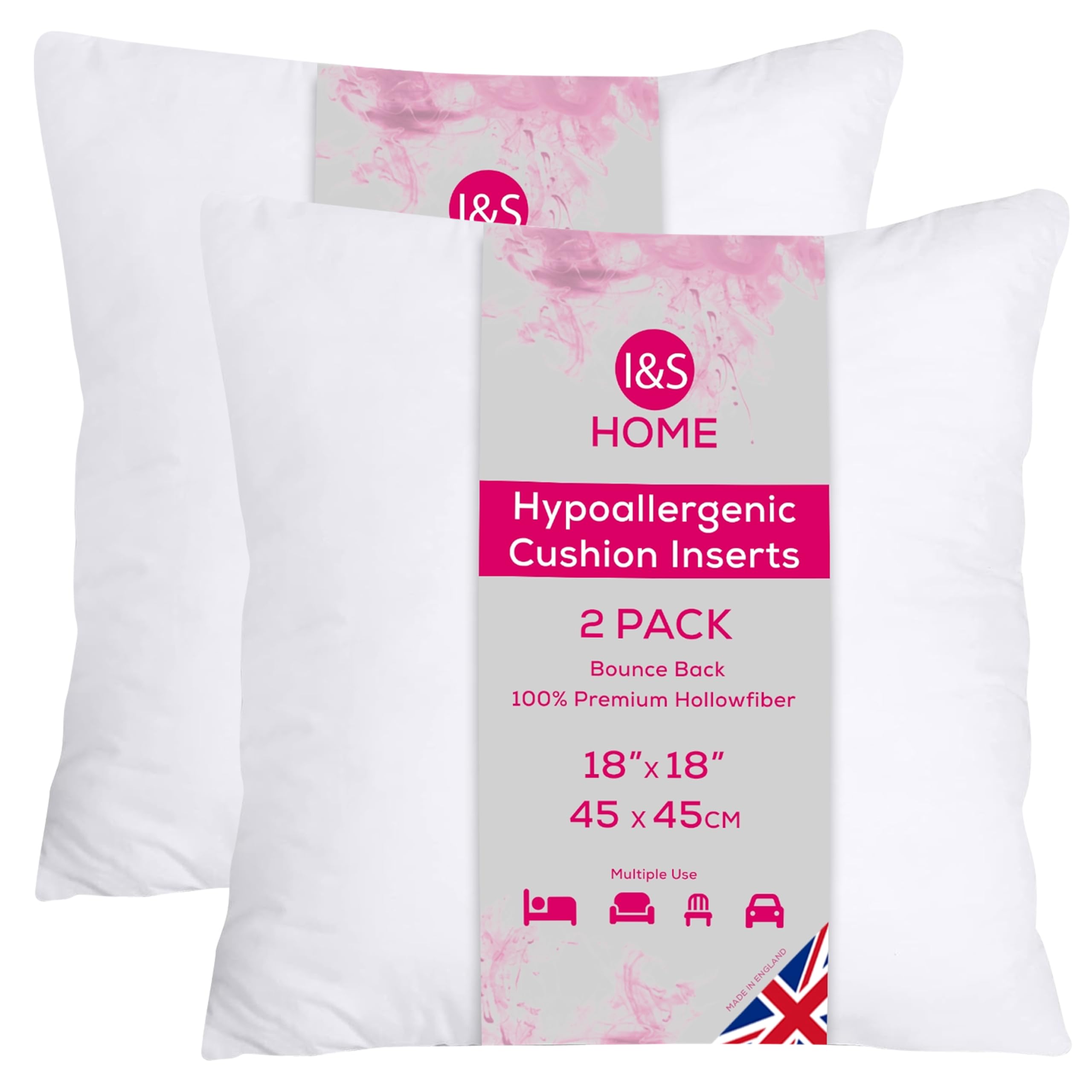 I&S Home White Cushion Inserts 45Cm X 45Cm (18"X18") Square Cushion Inner Pads - Bounce Back Cushion Filler - Hypoallergenic Scatter Cushions For Sofa And Couch - Pack Of 2