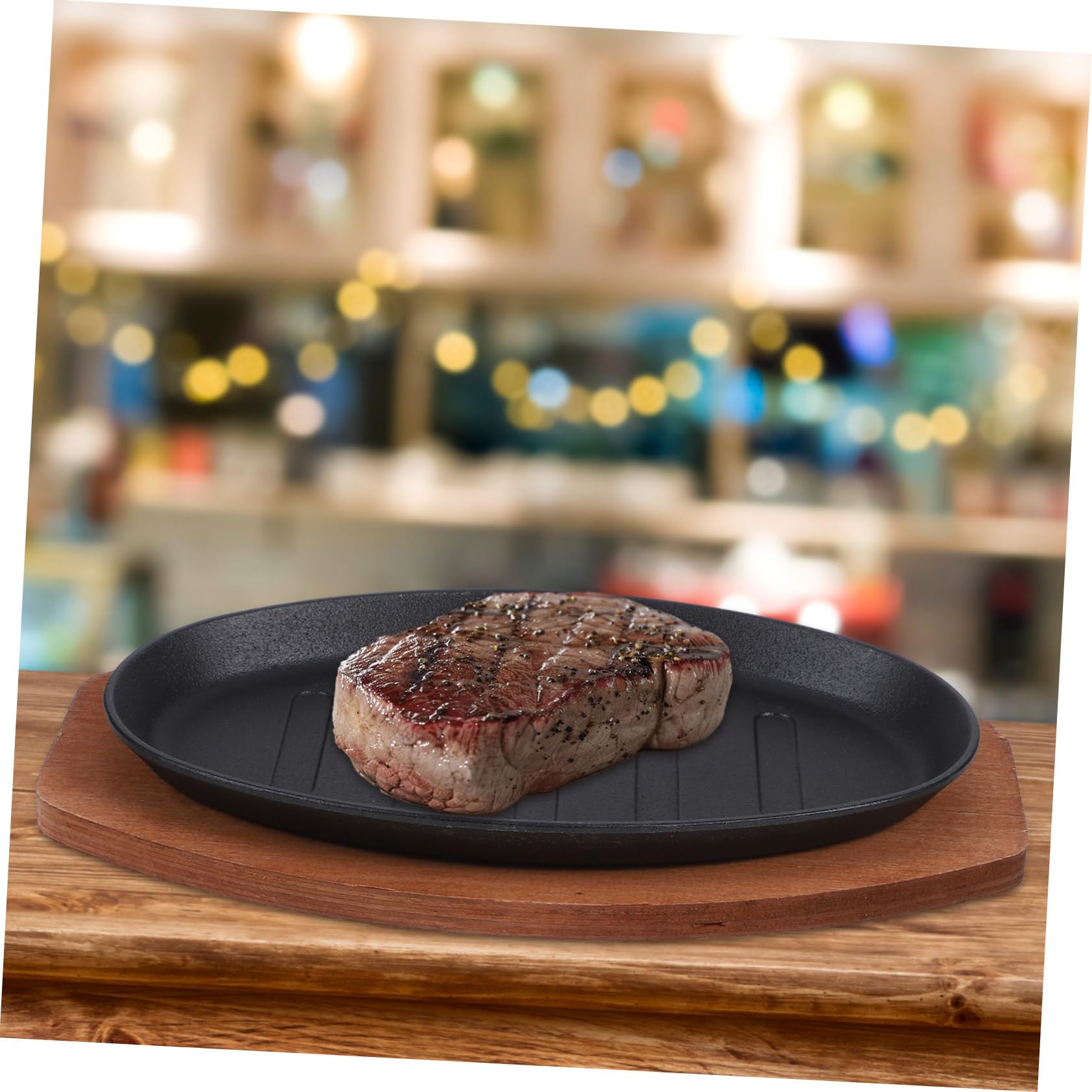 Mikikit Padella Per Bistecca in Ferro 25 Cm Con Base in Legno Antiscivolo, Piastra Per Grigliare e Piatto Di Portata Caldo Per Cucina e Barbecue Professionale