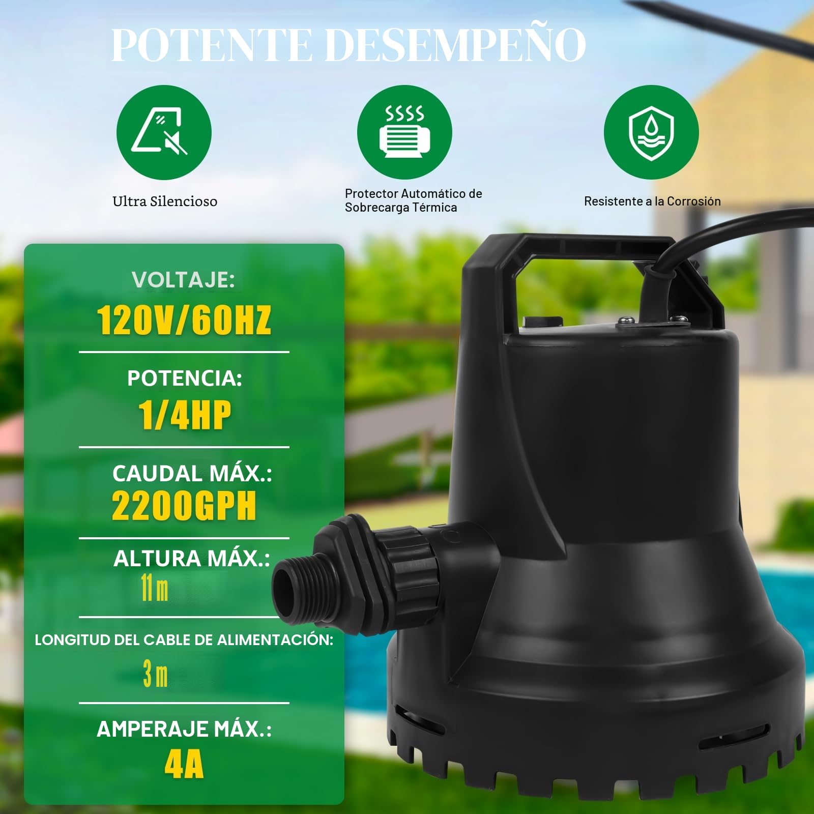 Bomba de agua sumergible de 400 W, 8000 l/h, para estanques de jardín, piscinas y sótanos, con encendido/apagado automático