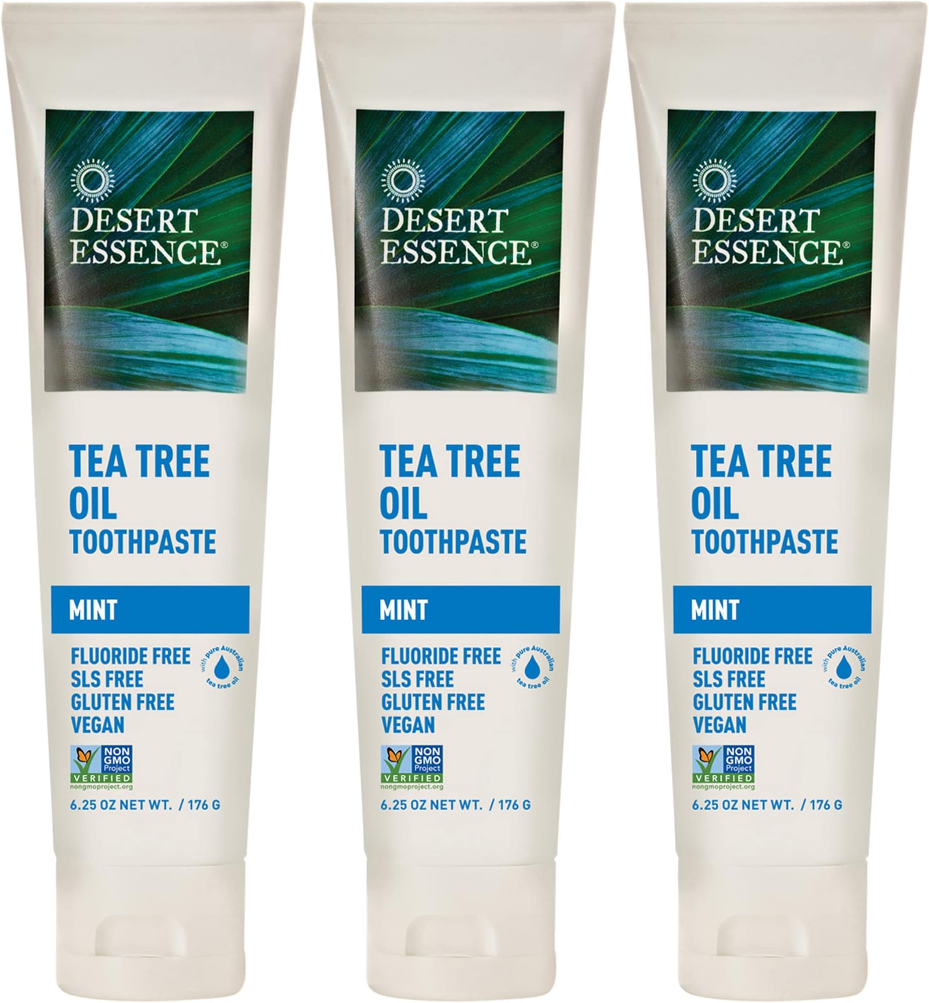 Desert Essence Tea Tree Oil Toothpaste - Mint - 18.75 Oz (6.25 Oz * Pack of 3) - Refreshing Taste - Deep Cleans Teeth & Gums - Helps Fight Plaque - Sea Salt - Pure Essential Oil - Baking Soda
