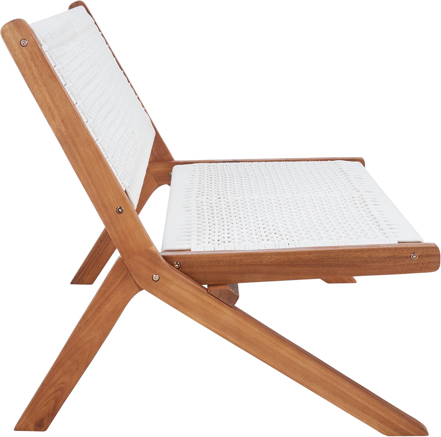 SAFAVIEH Outdoor - Kobina Folding Bench - Natural & White - Solid Wood and Rope - Modern Sculpted Folding Design - Ideal for Patio, Deck, Porch, Backyard, 13.8" Seat Height (PAT7304D)