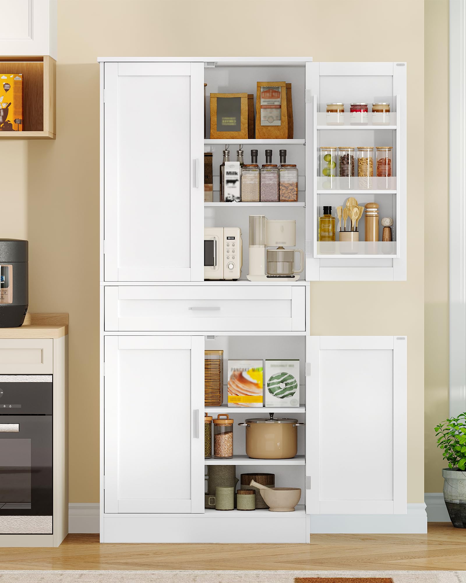 Hzuaneri Credenza Cucina, Mobile Alto da Cucina, 4 Ante, 1 Ampio Cassetto Grande, Scaffale Portaoggetti Dietro la Porta, 40 x 80 x 180 cm, Moderno, Cucinas, Soggiorno, Bianco PT21003X