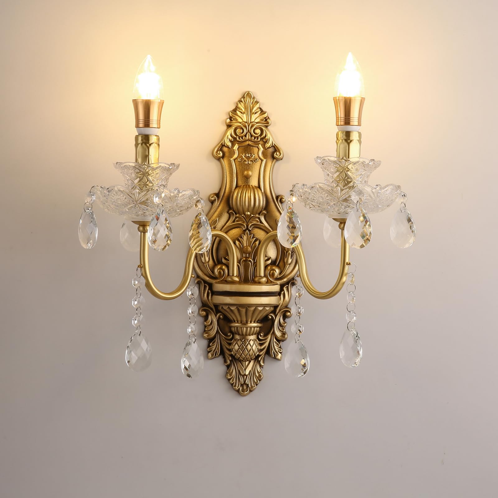 HUAYUSEDF French Brass Crystal Wall Sconces American Retro Candle Living Room Bedroom Bedside Lamp Villa Hotel Study Aisle Corridor Light (H 1 Light)(H 2 Lights)