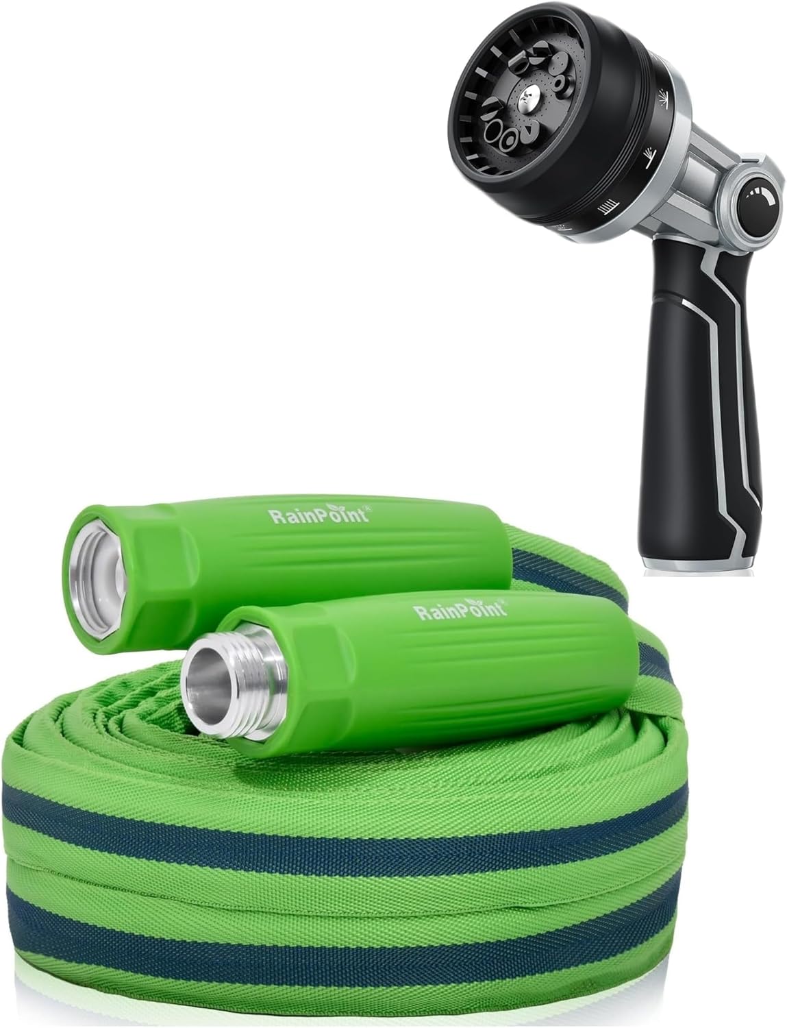 RainPoint Garden Hose 50FT Lightweight & Full-Metal Hose Nozzle Combo Weather-Resistant Duo with 10 Spray Patterns