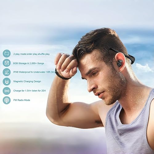 Miniatura 6 de Reproductor MP3 de natación impermeable con auriculares, memoria de 8 GB, certificado IPX8, función de aleación, tiempo de reproducción de 20 horas,