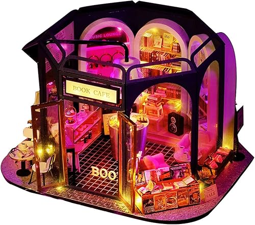 Miniatura 4 de WonDerfulC Kit de casa de muñecas de madera para bricolaje, libro de café, cabaña de escena en miniatura, modelo de construcción creativa, casa de