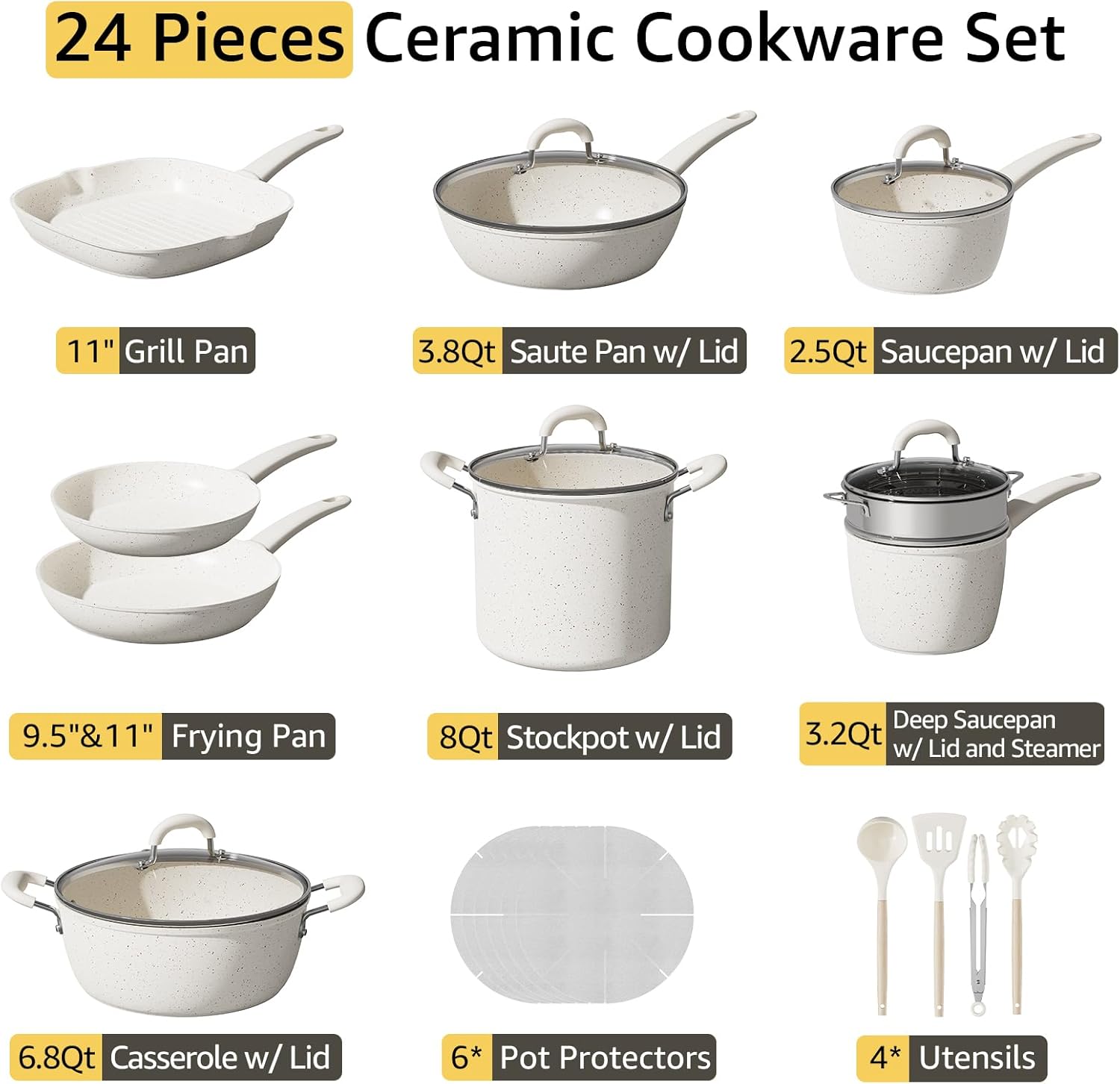 24Pcs Pots and Pans Set Non Stick,Ceramic Cookware Set with 8Qt Stockpot,Titanium-Reinforced Long-Lasting Nonstick,PFAS-Free,Induction Compatible,Complete Kitchen Set for Batch Cooking & Family Meals