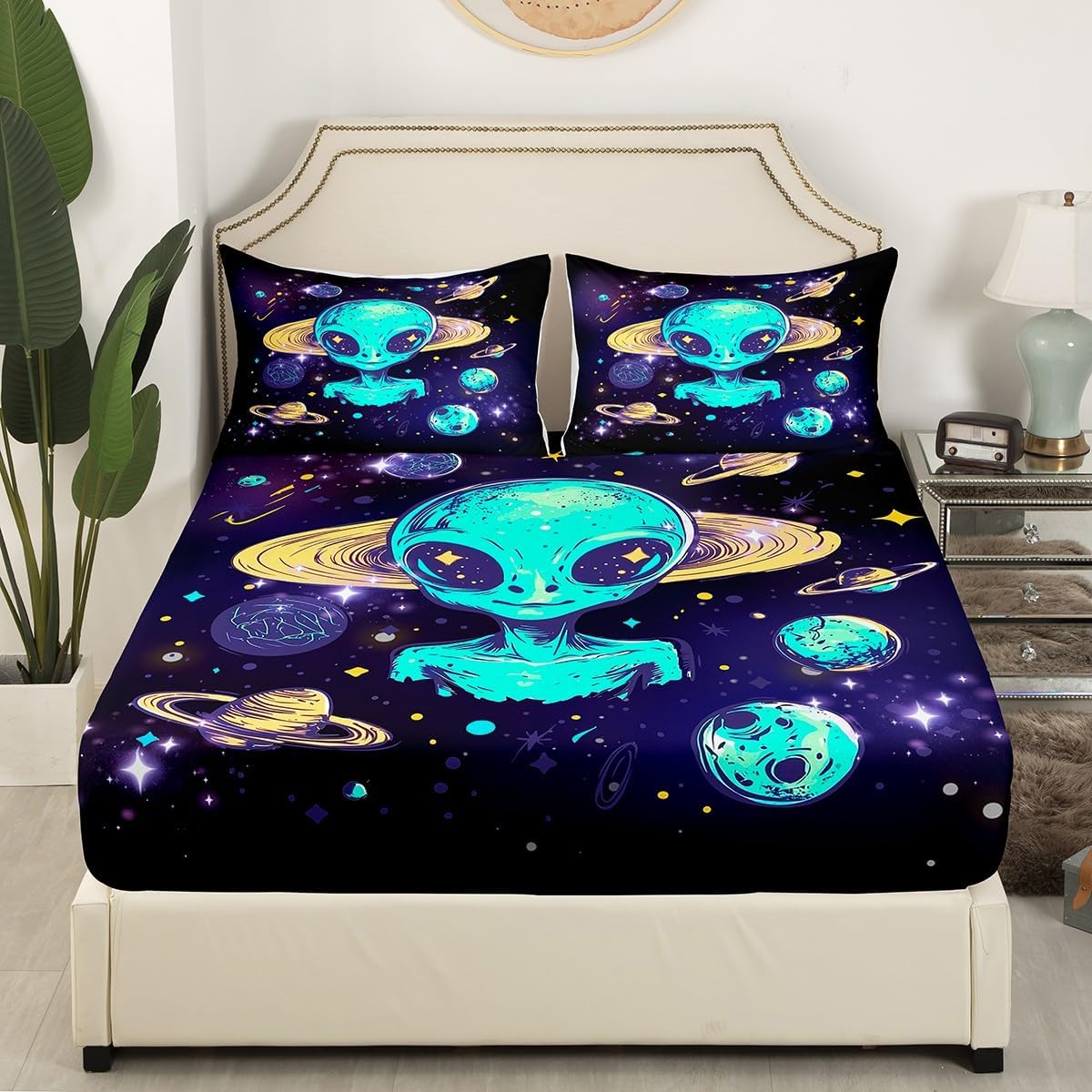 Kids Trippy Alien Full Bed Sheets,Galaxy Outer Space Fitted Sheet,Teal Alien Psychedelic Sheets,Glitter Plant Universe Bedding Set,Room Decor