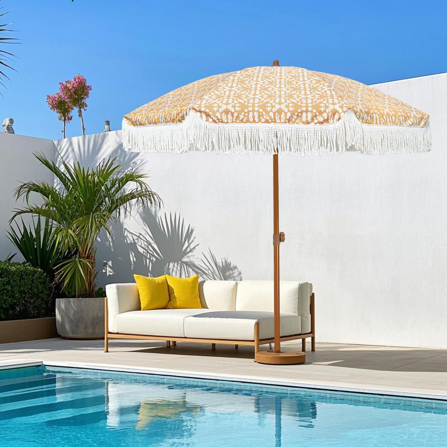 AMMSUN 7ft Patio Umbrella with Fringe Outdoor Tassel Umbrella UPF50+ Premium Steel Pole and Ribs Push Button Tilt, Retro Bohemian - Image 4