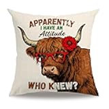 7COLORROOM Highland Cow Throw Pillow Cover 18x18 Inch,Funny Cow with Red Flower Pillowcases Farmhouse Style Rustic Home Decor Cushion Cases,for Sofa Couch Porch Patio (Brown, 18”×18”)