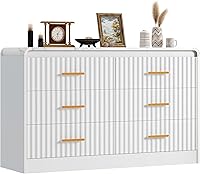 YITAHOME White 6-Drawer Farmhouse Dresser TV Stand with Charging Station, Bar Handles, Anti-Tip Safety for Bedroom & Living Room