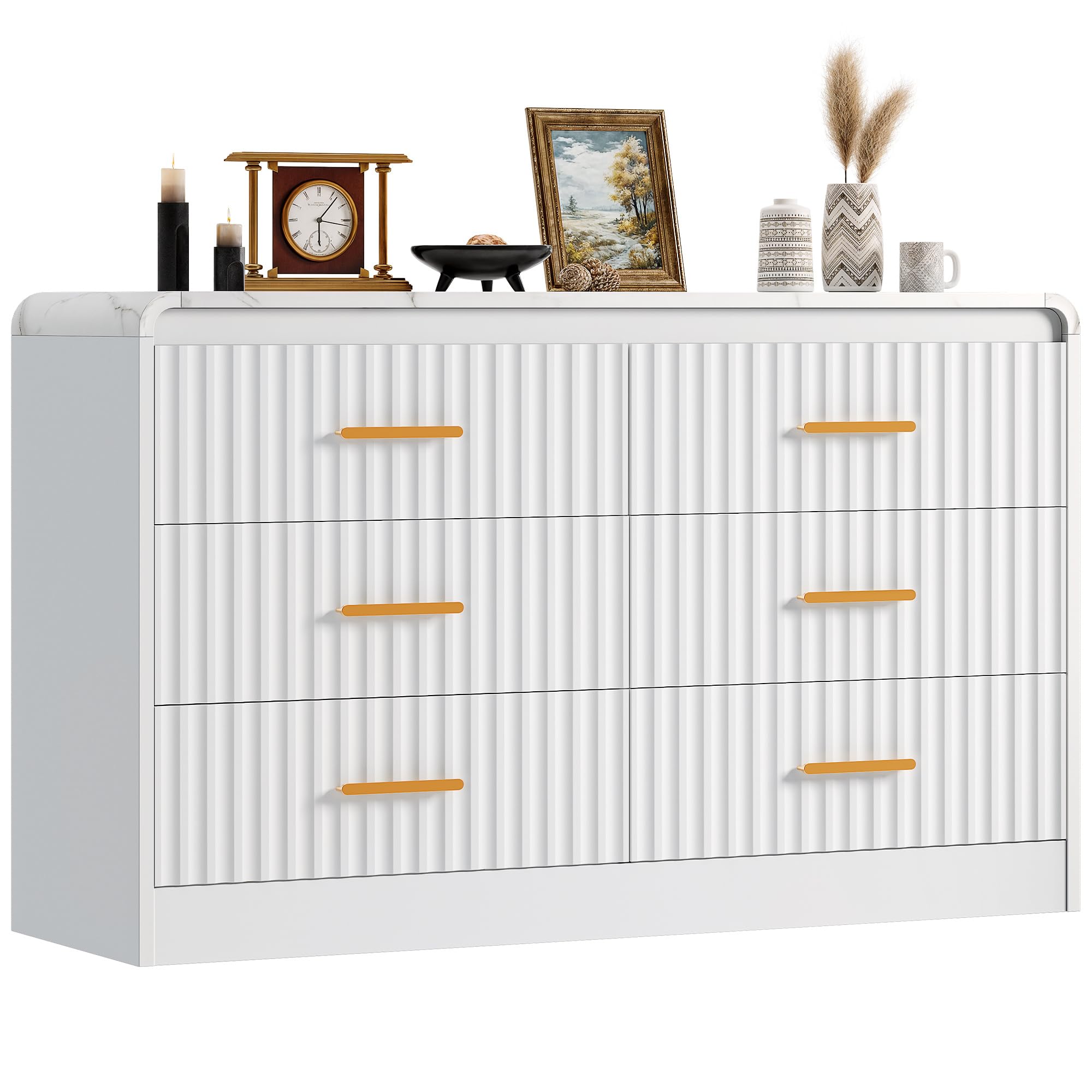 YITAHOME 6-Drawer Dresser with Built-in Power Outlet, Wood TV Stand with 6 Large Drawers and Bar Handles, White Dresser Chest of Drawers for Living