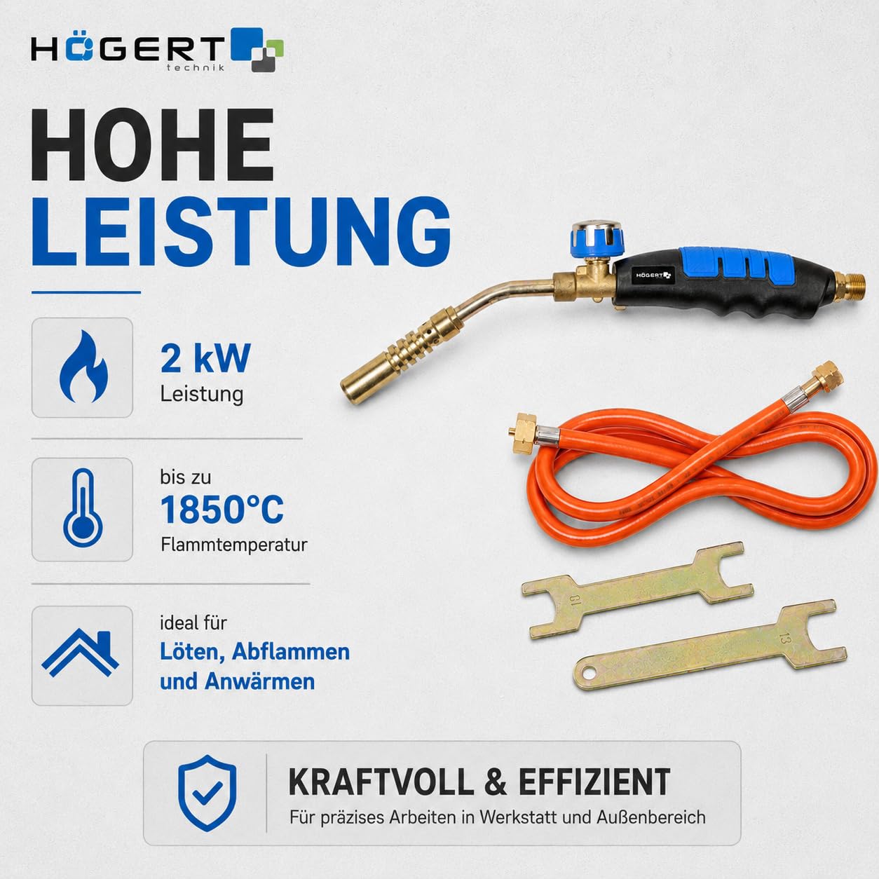 Högert Technik Gasbrenner Set HT2C511, Lötbrenner mit 2 kW Leistung, 1850C Flammentemperatur, inkl. 1,5m Schlauch und Schlüssel, für Löten und Abflammen