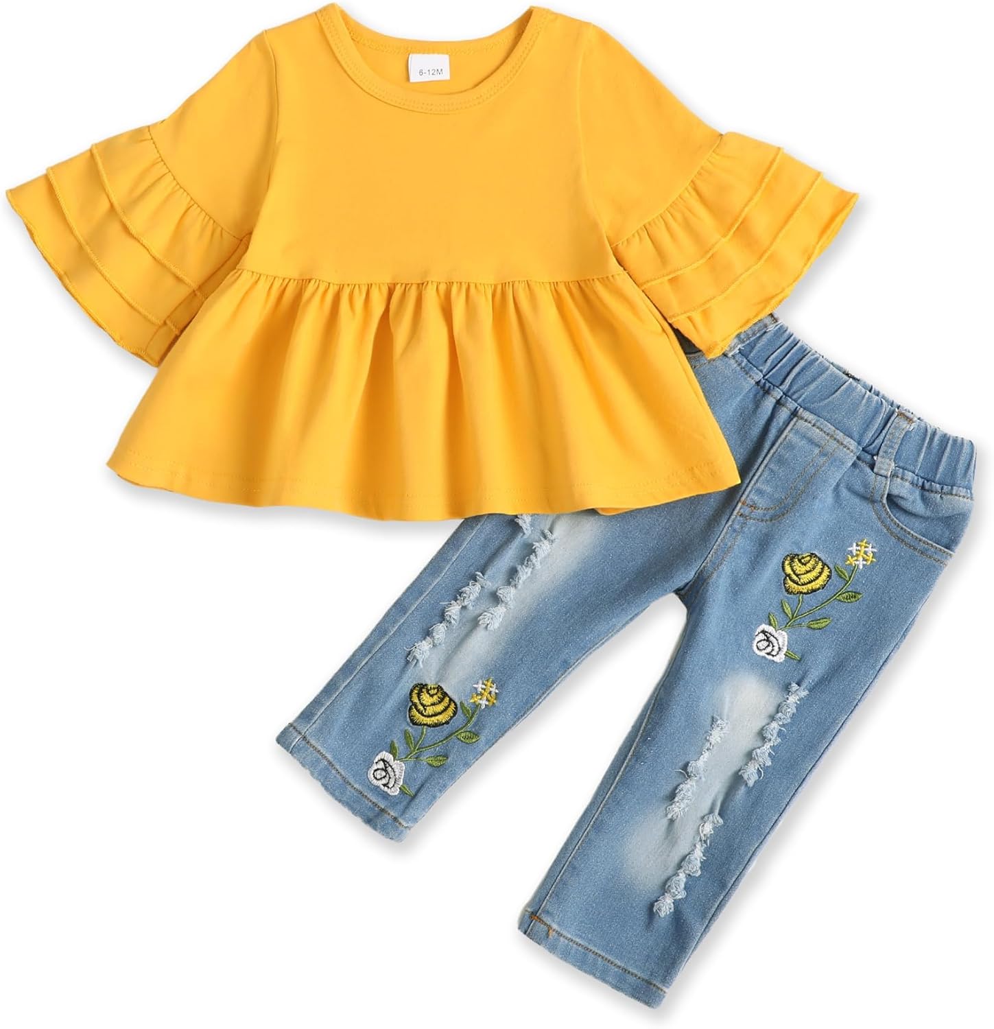 NZRVAWS Baby Girl Clothes Toddler Girl Outfits Infant Ruffle Shirt Denim Ripped Jeans Cute Clothing Set
