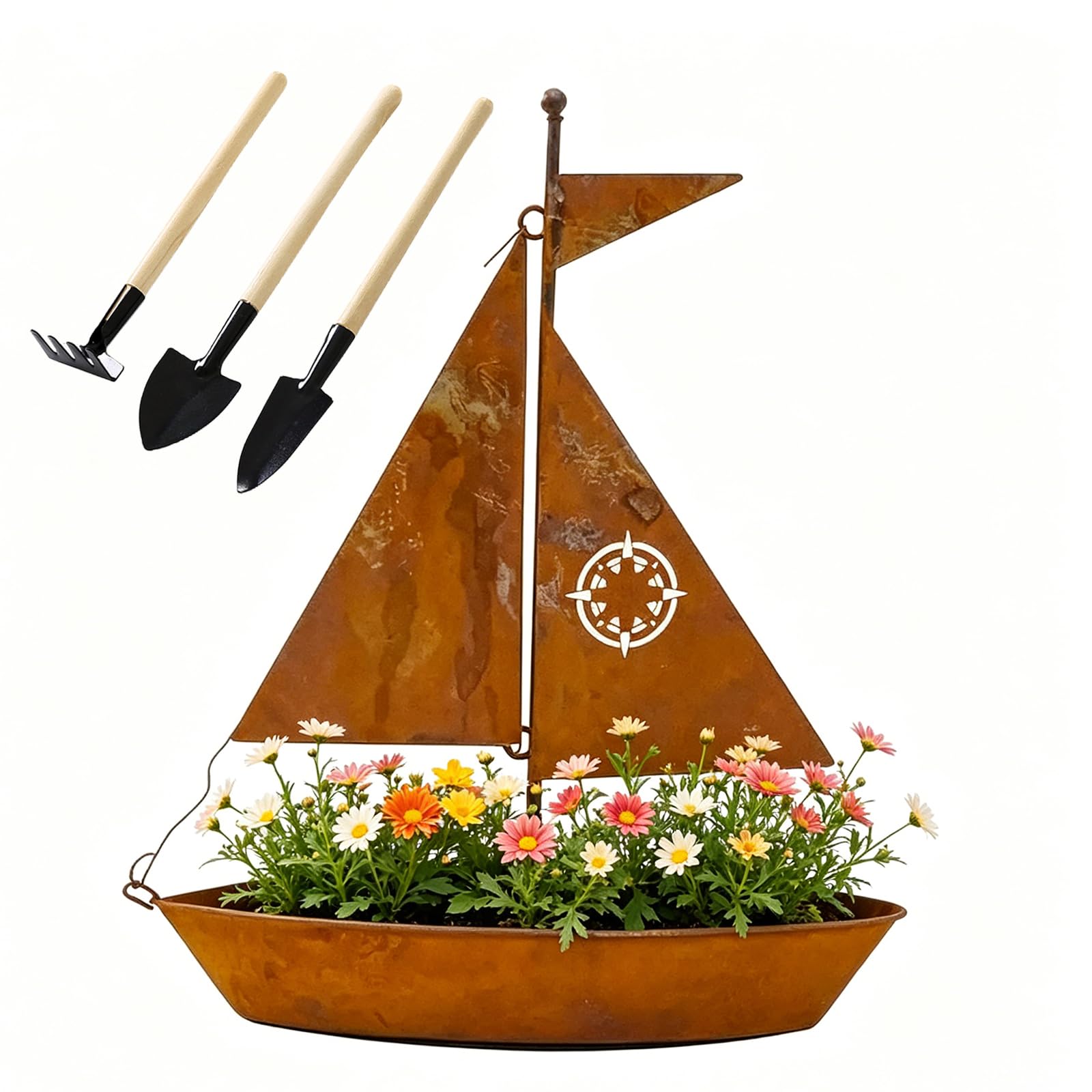 LLELEMAMO Rustic Sailboat Metal Planter, Handcrafted Weather Resistant Iron Boat Planter for Succulents Herbs, Vintage Nautical Flower Pot Design for Garden Patio Decor, 3D Sculpture for Shelf (1Pc)