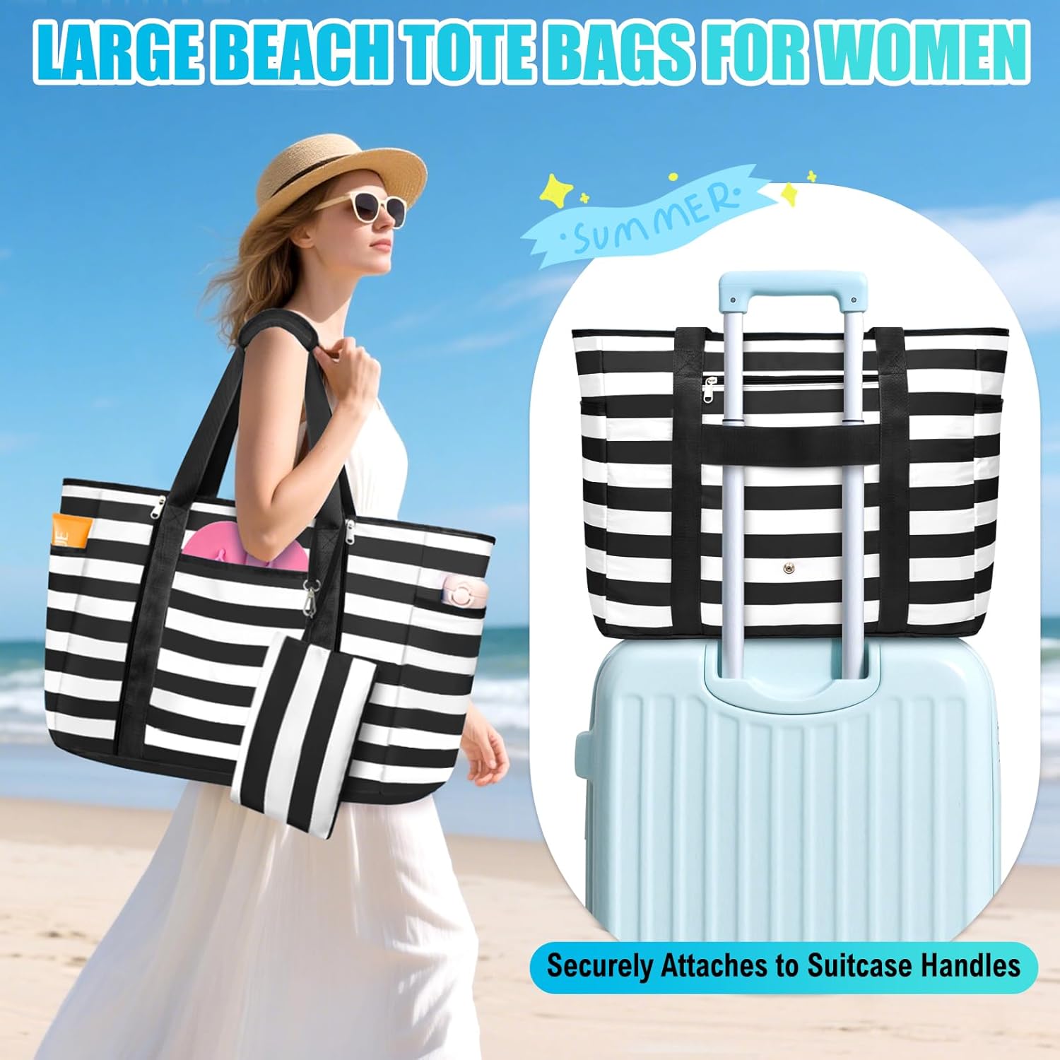 Extra Large Beach Bags for Women, Waterproof Sandproof Beach Tote Bag Foldable Swim Pool Bag with Zipper and Wet Pocket - Image 2