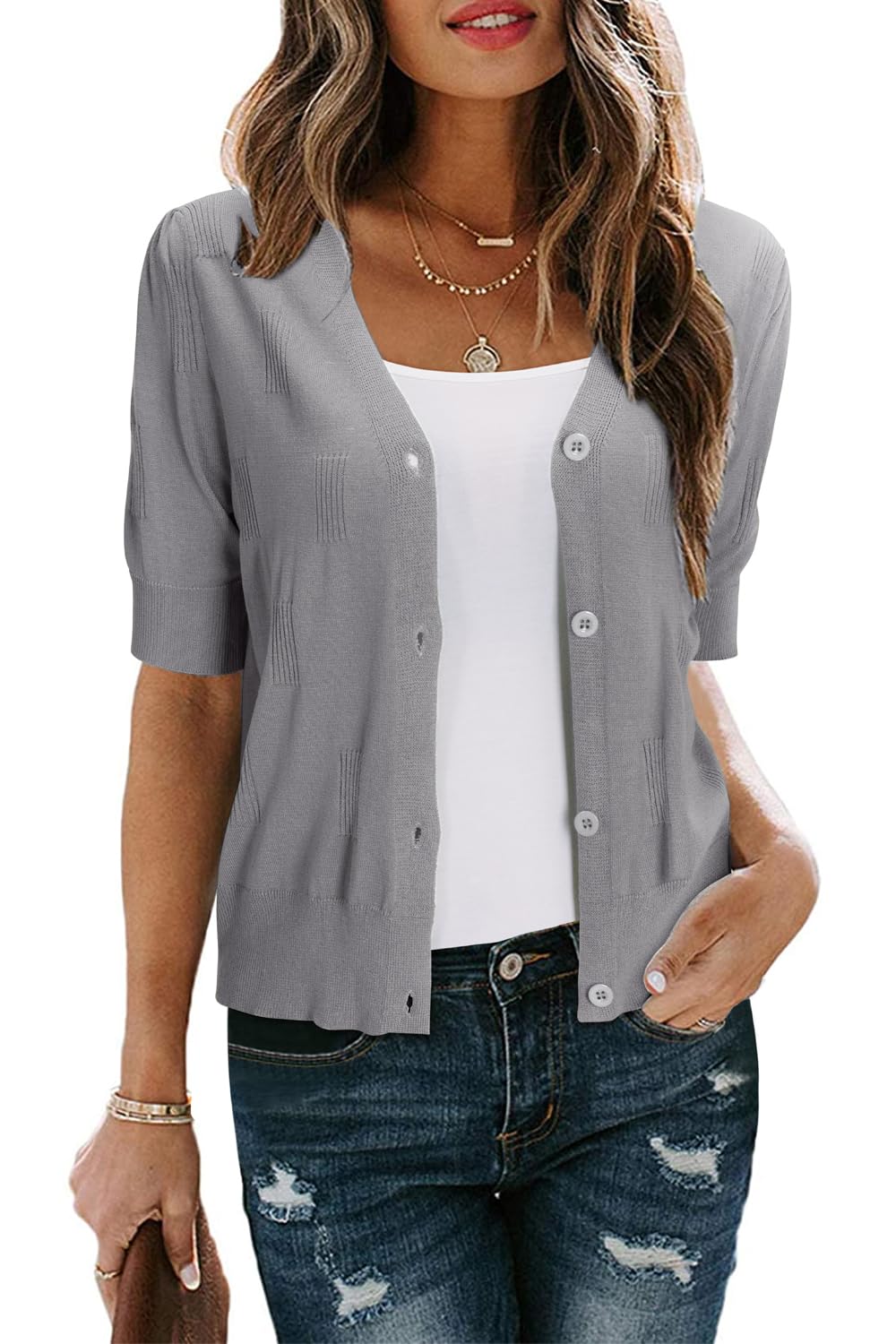 Arach&amp;Cloz Women's Lightweight Spring Summer Business Casual Cropped Short Sleeve Cardigan