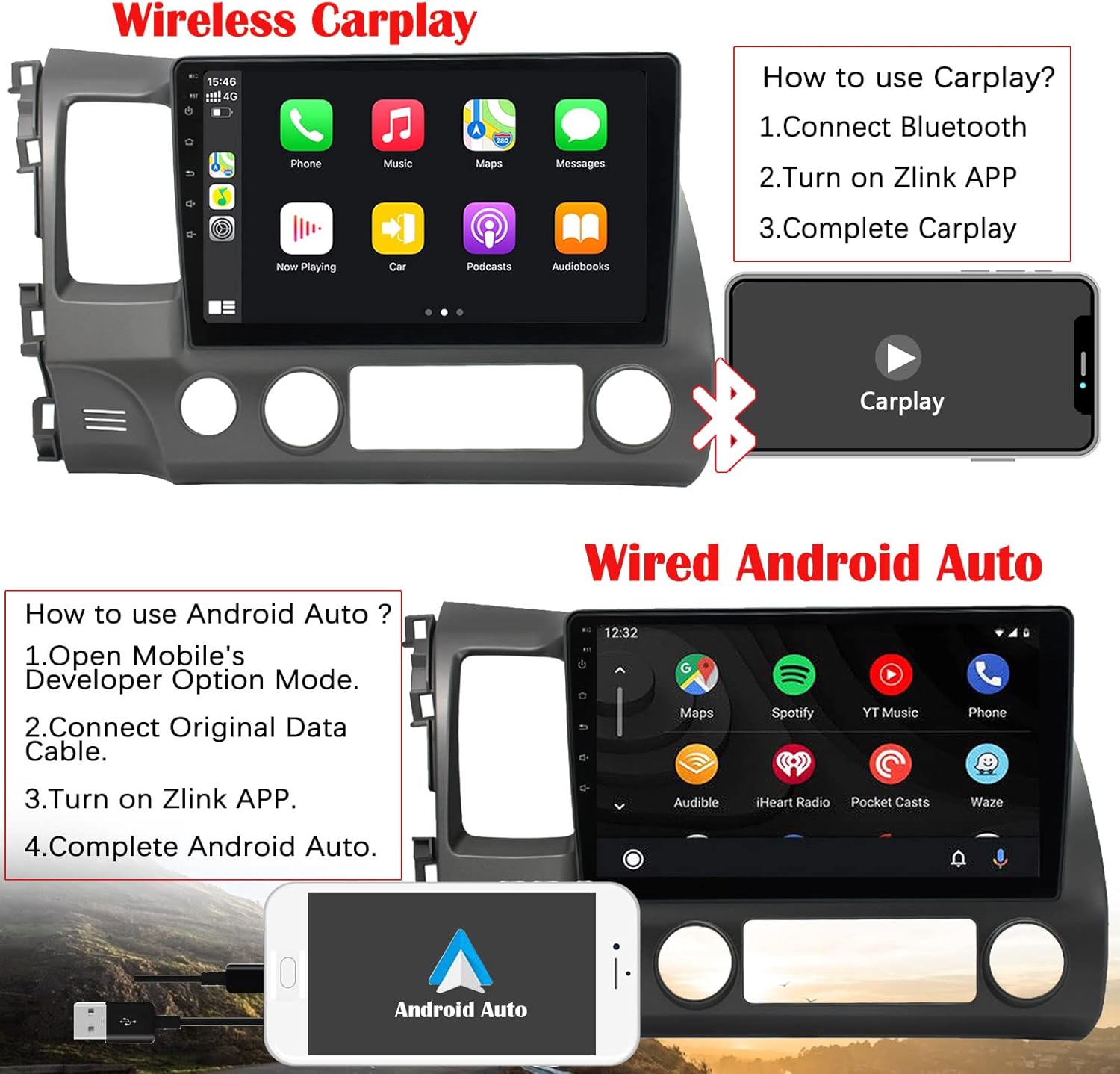 Binize Android 10 Car Stereo Compatible with CarPlay&Android Auto,10 Inch Touch Screen Car Radio Support Bluetooth,GPS Navigation,FM&AM,RDS,DSP,SWC for Honda Civic 2006-2011+Backup Camera : Electronics