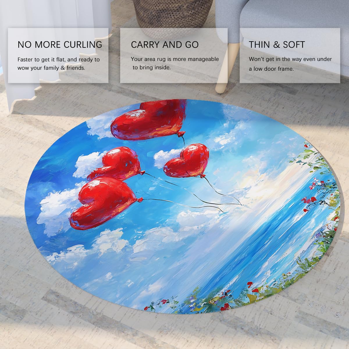 Romantyczne niebo oceaniczne czerwone balony w kształcie serca, okrągły dywan 120 cm (okrągły), kolorowe kwiaty, z nadrukiem, antypoślizgowy, do salonu i sypialni
