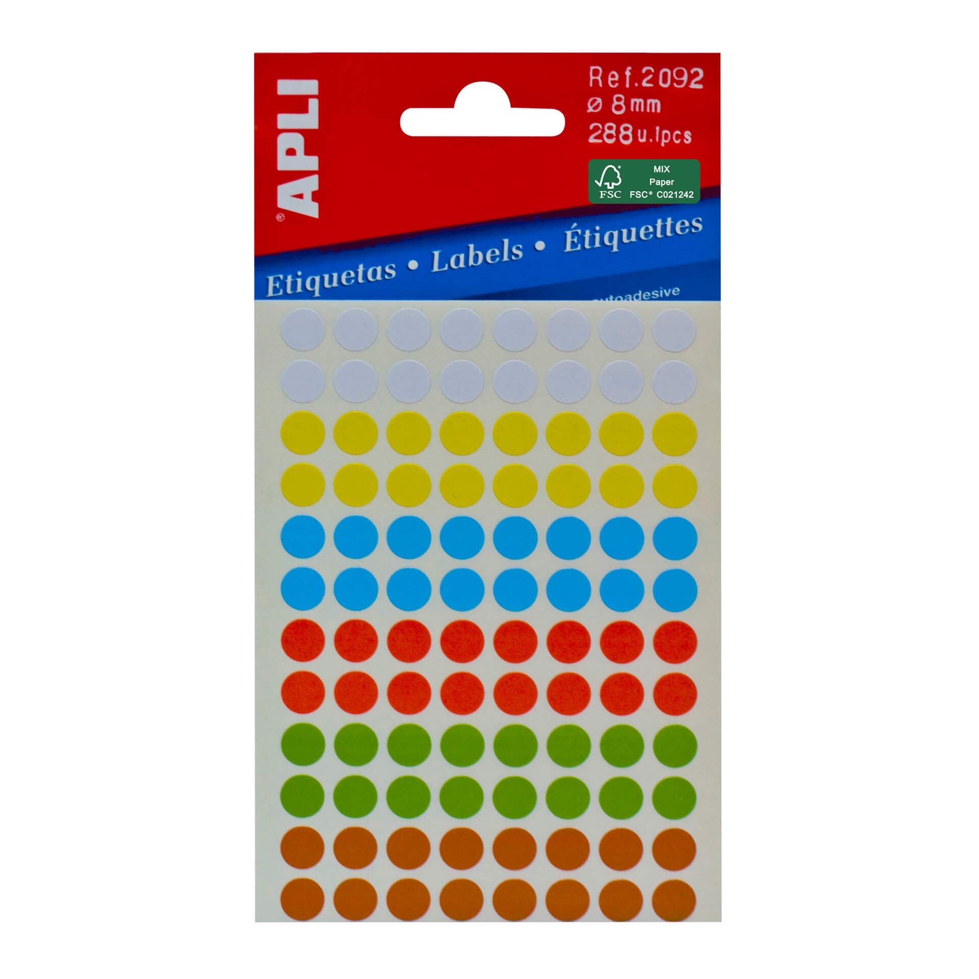 APLI 2092-Etiquetas minibolsa colores surtidos Ø 8,0 mm 3 hojas