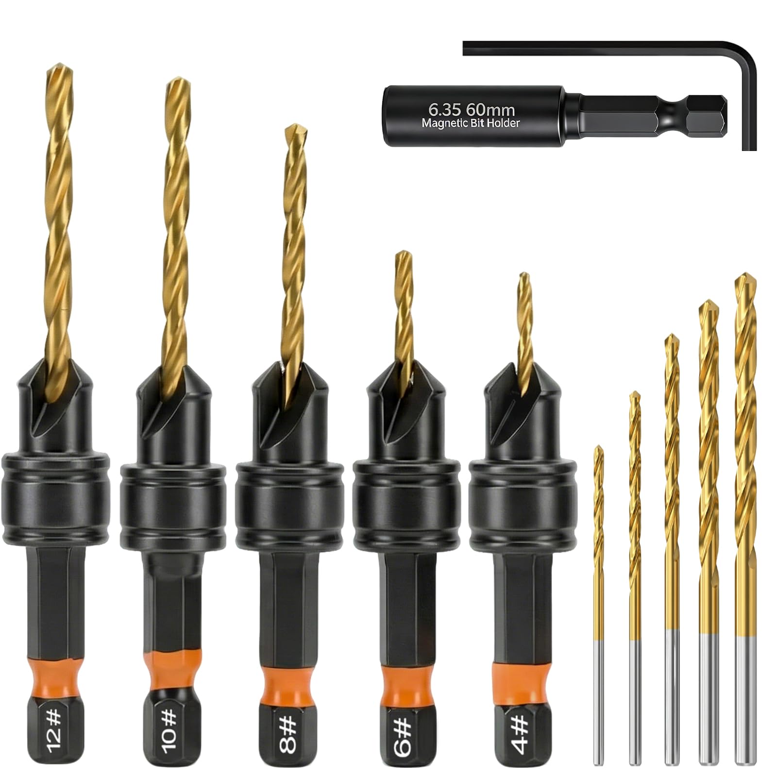 Countersink Drill Bit Set, 12Pcs Wood Counter Sink Drill Bits for #4, #6, #8, #10, #12 Screws, 1/4" Hex Shank, Adjustable Bit Holder with Magnetic Extension and Replaceable Drill Bits for Woodworking