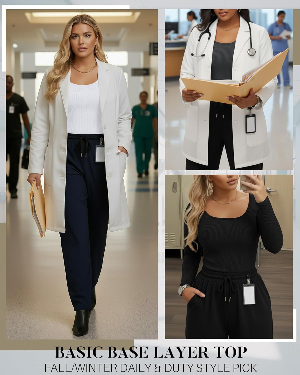 4 Pack Women's Plus Size Underscrubs Shirts, Cotton Ribbed Long Sleeve Nurse Top Scoop Neck Fitted Basic Undershirt - Image 2