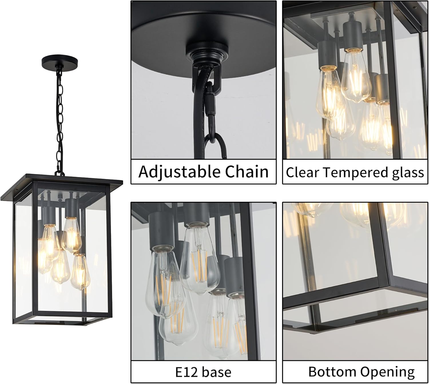Modern Outdoor Pendant Light with Dual E26 Base Socket, Black Chandelier with Clear Glass Shade, Exterior Hanging Lantern for Front Porch Entrance Foyer Entryway