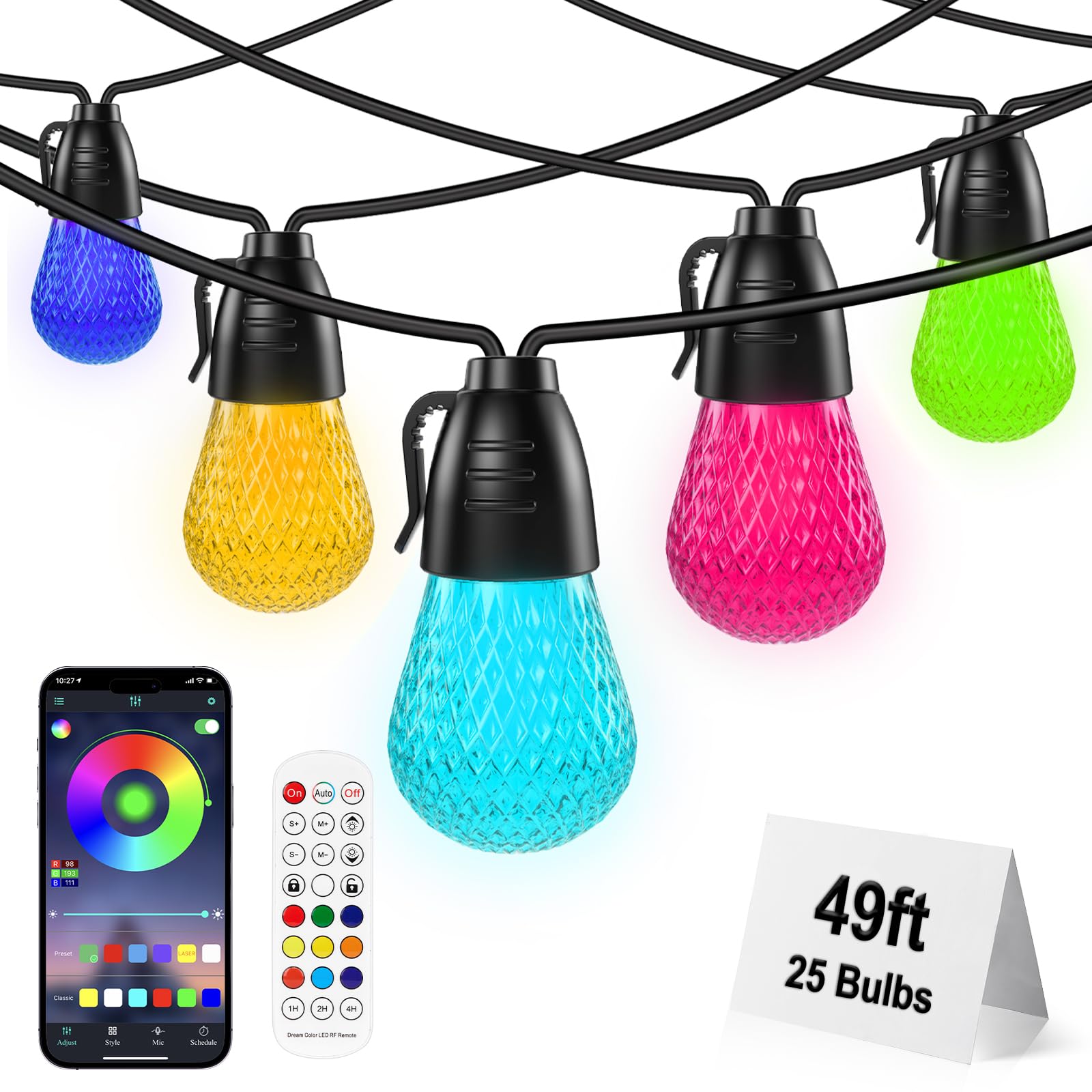 Outdoor String Lights 49FT，String Lights for Outside ，Outdoor Lights for Patio with 25 RGBW LED Bulbs，Patio Lights IP66 Waterproof Shatterproof, App Control & Remote,Color Change for Backyard Decor