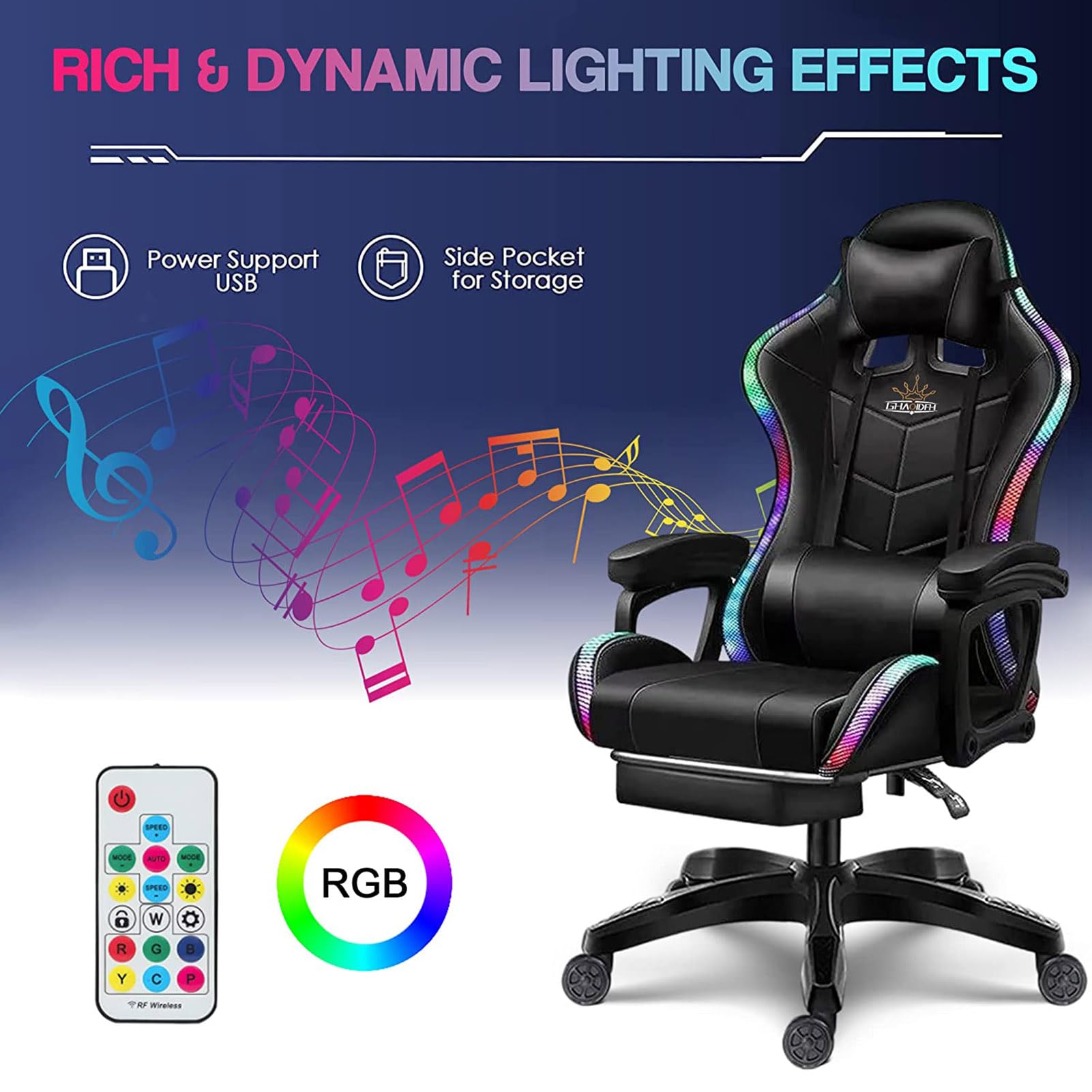 Masaż Komputerowy fotel do gier dla dorosłych i nastolatków Ergonomiczne krzesła wideo z głośnikami Podparcie lędźwi i podnóżek RGB LED Light Komputerowe krzesło obrotowe,Red