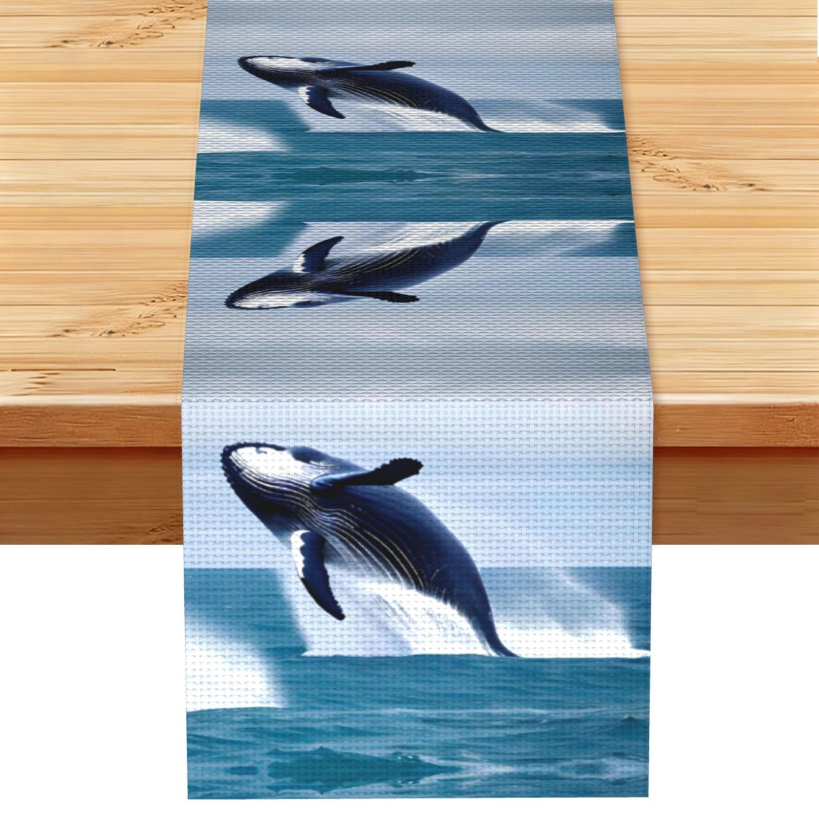 Whales at sea Linen Look Table Runner 13x72-Wrinkle Resistant Farmhouse Style for Dining Table Decor