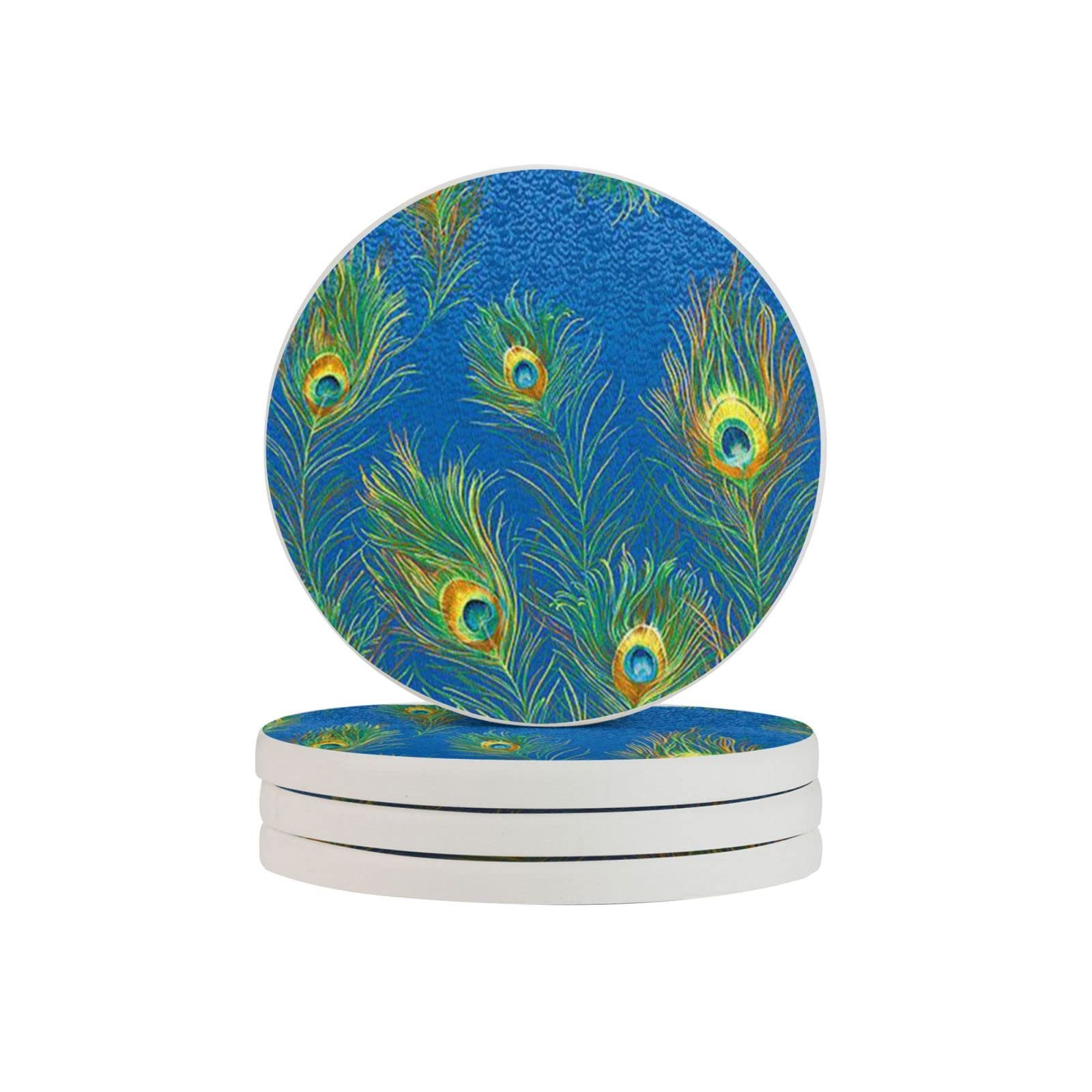 Peacock Feather Pattern Two Pieces Drink Coaster for Tabletop Protection Place Mats for Home Decor